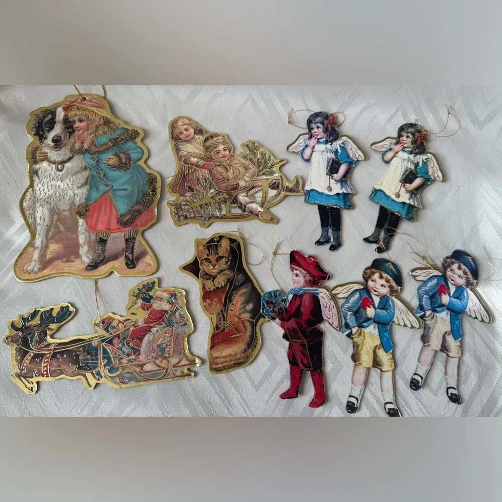 Vintage Holiday Christmas Paper  Ornaments Set with Red, Blue, and Gold Accents